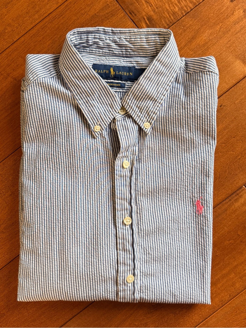 Ralph Lauren Seersucker Blue White Stripe SS Button-Down Pink Horse Shirt - L - Picture 7 of 11